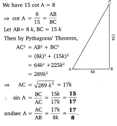 Given 15 cot A = 8, find sin A and sec A - CBSE Class 10 Maths - Learn ...