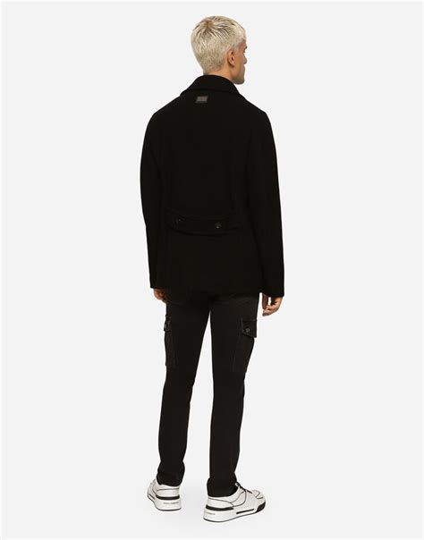 Double-breasted wool pea coat with branded tag in Black for Men | Dolce ...