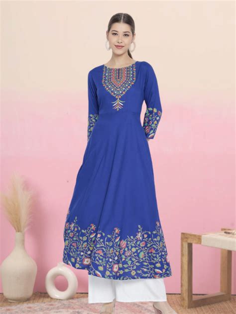 Rayon Floral Placement Printed Anarkali Kurti (Blue) – Yash Gallery