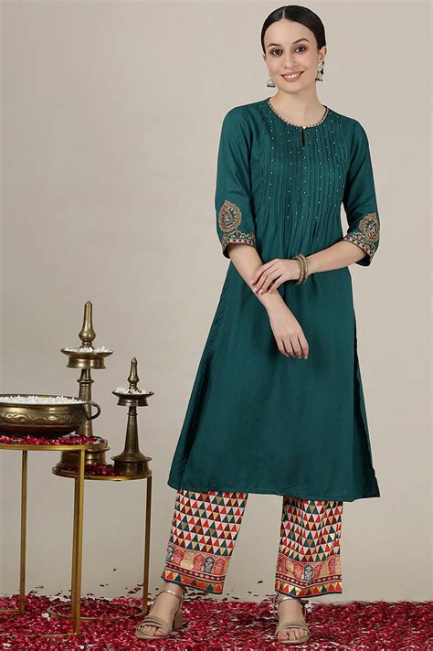 Buy Emerald Green Sequined & Embroidered Straight Kurta with Pleated ...