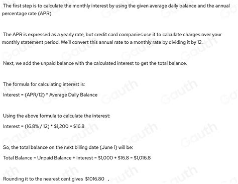 Solved: The average daily balance of a credit card for the month of May ...