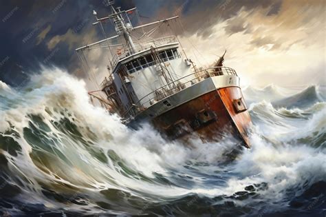 Грузовое или рыболовецкое судно попало в сильный шторм корабль в море ...