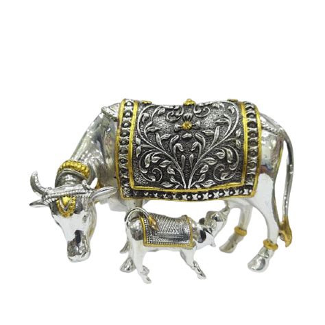 92.5 Pure Silver Kamdhenu Cow Calf Idol For Housewarming Gift - Silver ...