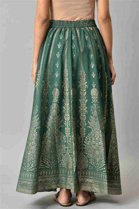 Buy Green Floral Printed Flared Woven Skirt With Elasticated Waist ...