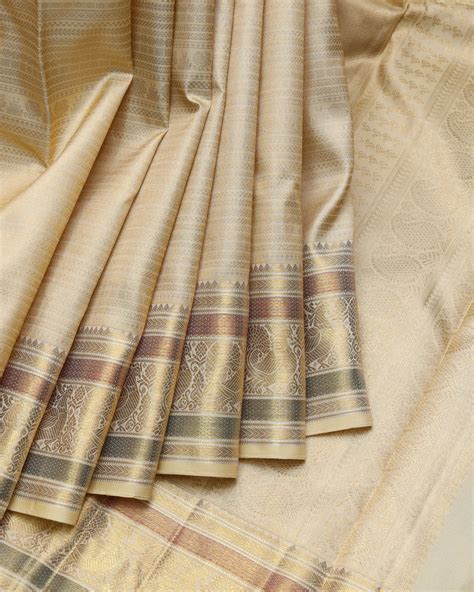 Beige bridal pure zari silk saree – Priyangaa