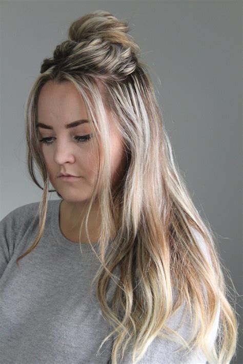 half up messy bun | Messy hairstyles, Half bun hairstyles, Long hair styles