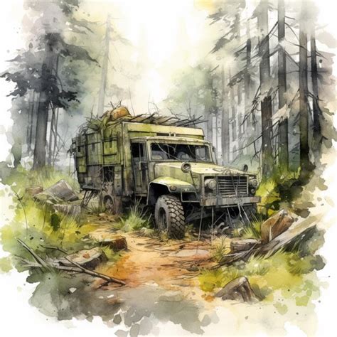 Painting of a military truck in a forest with trees generative ai ...