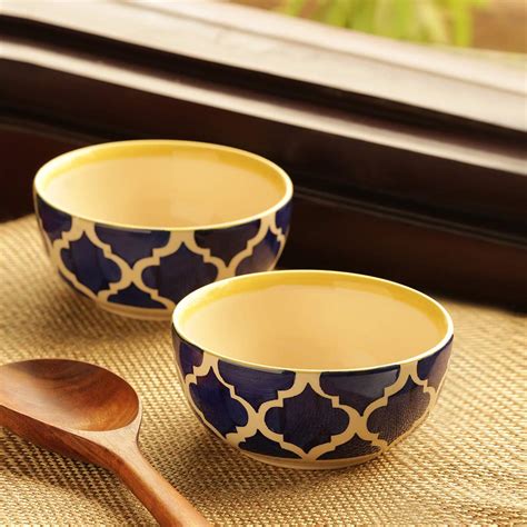 ExclusiveLane Ceramic Geometric Bowl Set - 520 ml, Set of 2, Blue/White ...