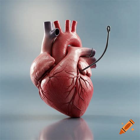 A realistic anatomical heart is pierced by a metal fish hook, standing ...