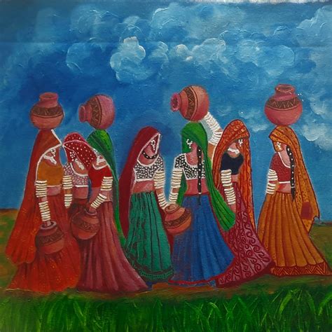 Traditional Rajasthani Women Village Scene Acrylic on Canvas by Artist ...