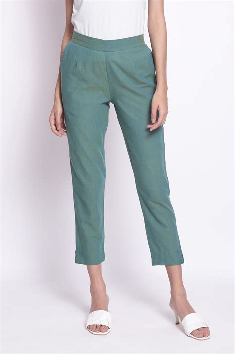 Buy Muted Sage Green Solid Straight Fit Cotton Pants With Elasticated ...