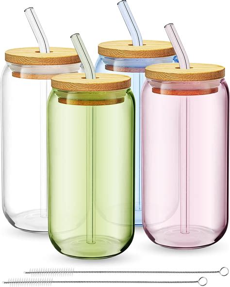 Amazon.com: 4 Set Glass Cups with Lids and Straws 16 oz, Glasses ...