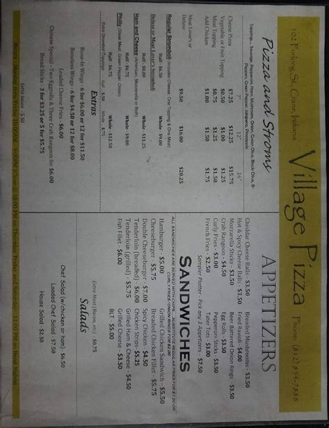 Menu at Village Pizza pizzeria, Crane