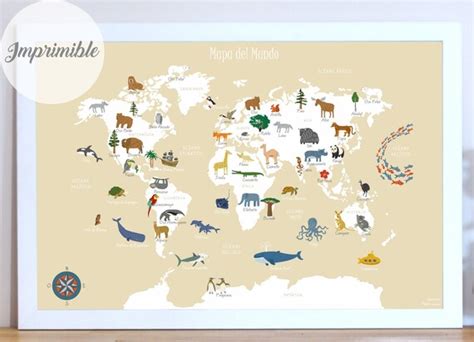 Animals World Map in SPANISH Wall Art Poster Mapa Del Mundo - Etsy India