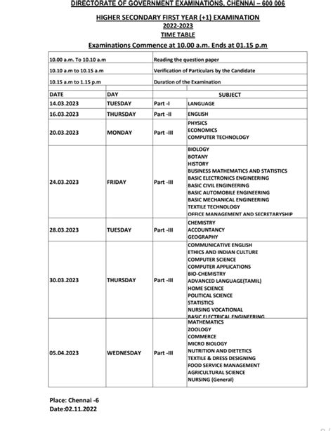 11th Public Exam Time Table 2022-2023