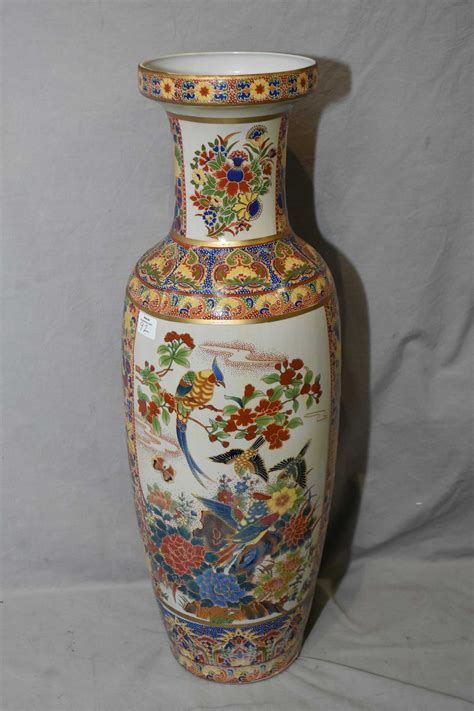 Tall Satsuma style Oriental floor vase with bird and flower motif, 24 ...