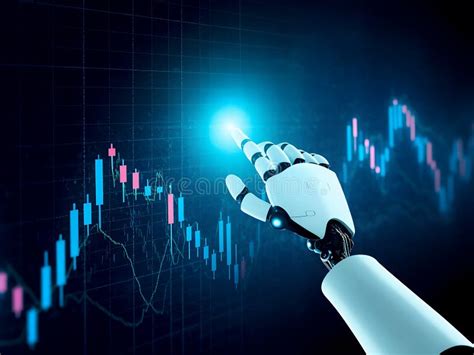 A robotic hand engaged with a laptop, illustrating stock market trends through data visualizations