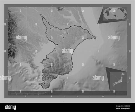 Chiba, prefecture of Japan. Grayscale elevation map with lakes and rivers. Locations of major ...