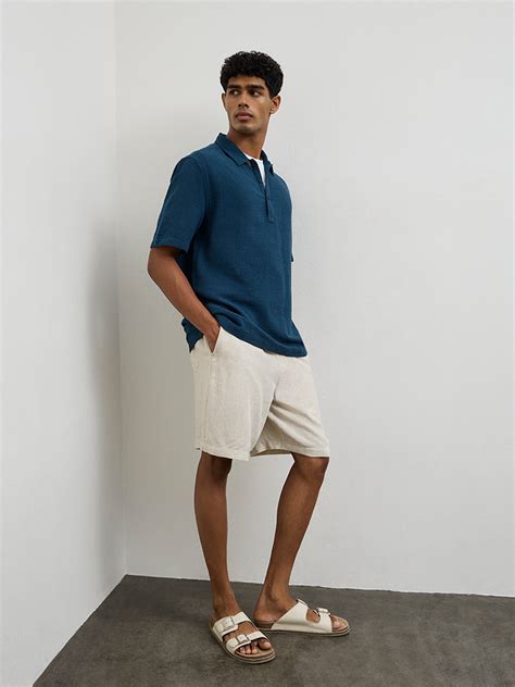 Buy ETA Indigo Textured Relaxed-Fit Cotton Polo T-Shirt from Westside