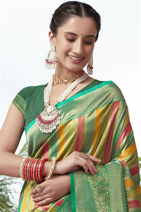 Buy Highland Green Multicolor Woven Kanjivaram Saree Online - MySilkLove