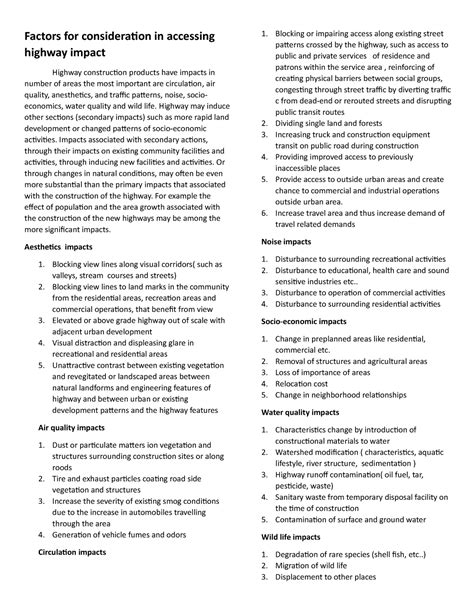 Highway - Factors for consideration in accessing highway impact Highway ...