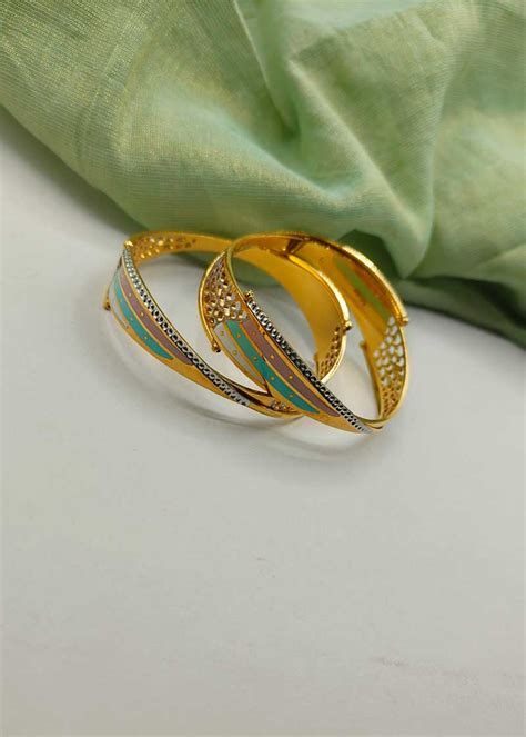 1 Gram Gold Meenakari Web Pattern Tri-Coloured Gold-Plated Bangles