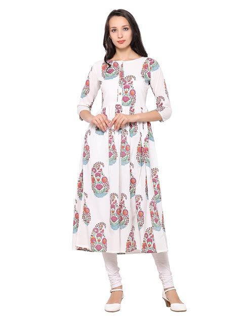 Buy Inddus White Mughal Block Print Cotton Stylised Kurta/Kurti (Women ...