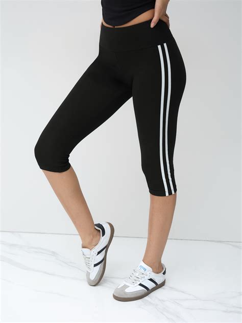 Knit Fabric Cotton-blend Low Rise Side Stripe Knee Length Leggings For ...