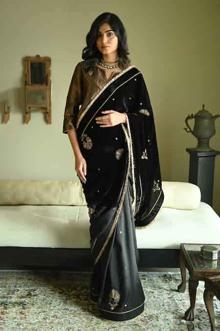 Buy Black Velvet, Silk Embroidery, Lace Zubeida And Saree For Women by ...