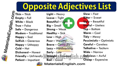 Opposite Adjectives List - Materials For Learning English