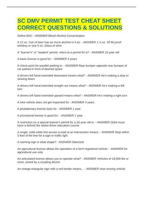SC DMV PERMIT TEST CHEAT SHEET CORRECT QUESTIONS & SOLUTIONS - SC DMV ...