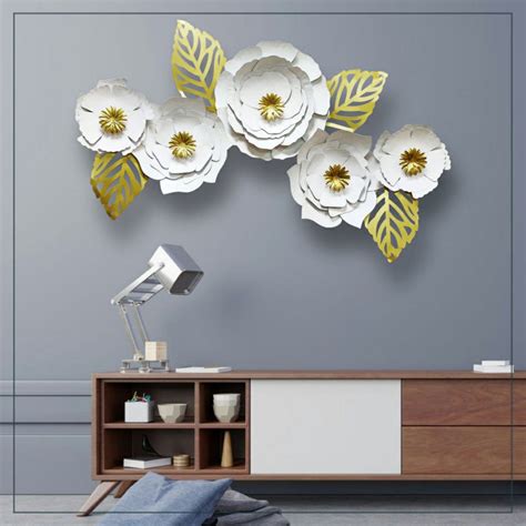 Metal Decor White Flower Golden Leaves – Myindianthings
