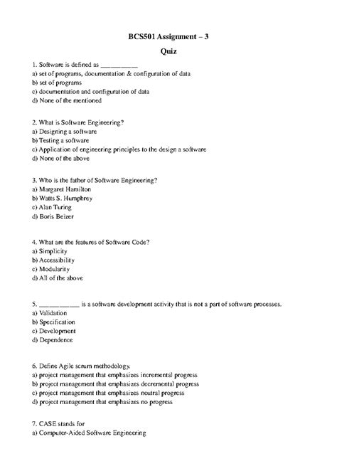 BCS501 SEPM Quiz Questions and Answers for Assignment 3 - Studocu