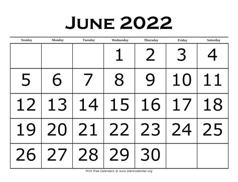 Printable Blank Calendar June 2022