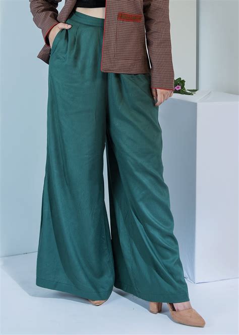Get Solid Green Flared Rayon Palazzos at ₹ 1245 | LBB Shop