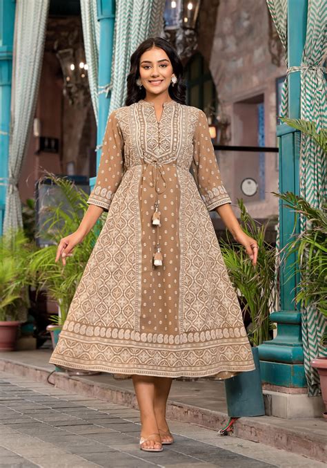 Brown Ethnic Motif Printed Georgette A-Lined Dress With Sequins & Dori