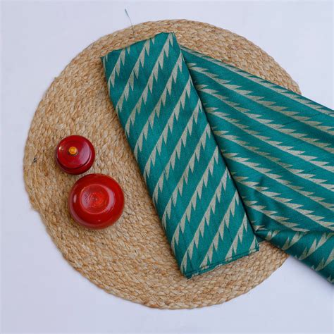 Teal Green Printed Tussar Fabric With Stripes Pattern