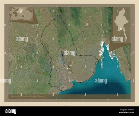 Yangon, division of Myanmar. High resolution satellite map. Locations of major cities of the ...