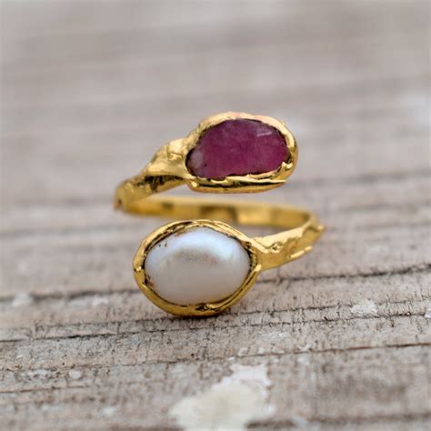 Buy Natural Ruby & Pearl Gemstone Ring Multi Stone Ring Raw Stone Ring ...