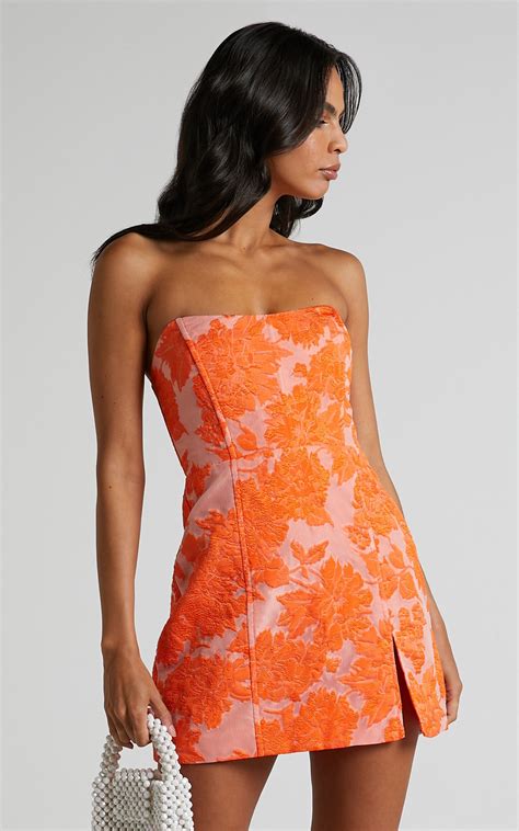Brailey Mini Dress - Strapless Dress in Orange Jacquard | Mini dress ...