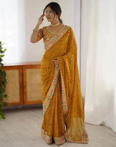 Buy Satrani Printed, Embellished, Embroidered Bandhani Georgette Yellow ...
