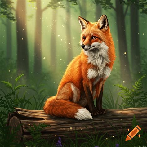 An adorable orange fox with white markings sits on a log in a sun-dappled forest. on Craiyon