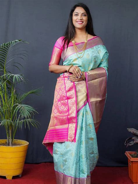 Aqua Floral Zari Banarasi Kanjivaram Silk Saree Vastranand