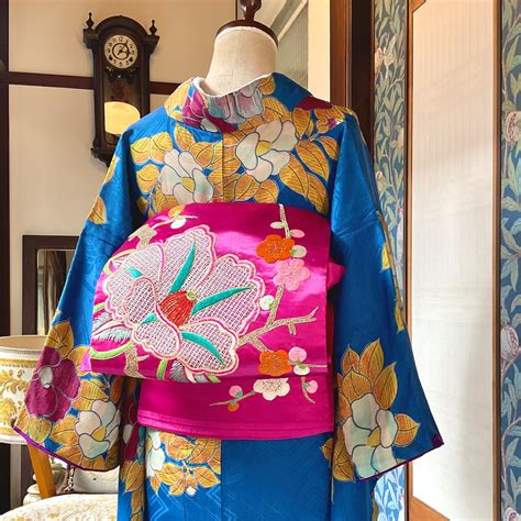 レースツバキ＊椿 梅 ピンク 刺繍 繻子 花 アンティーク名古屋帯 A977 | kimono tento