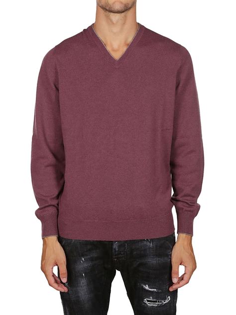 V necks Brunello Cucinelli - Contrasting trimmed burgundy cashmere ...