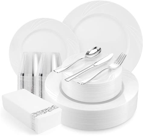 Amazon.com: VajilaPhil 350-Piece White Swirls Plastic Dinnerware Set ...