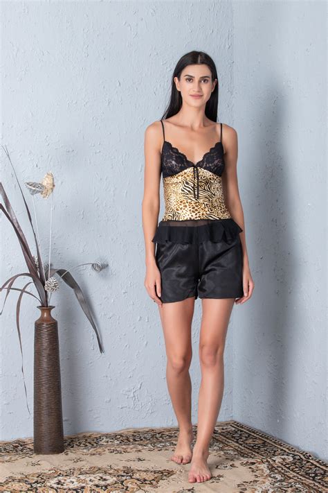 Printed Slip & shorts Night suit Gold Black - Private Lives