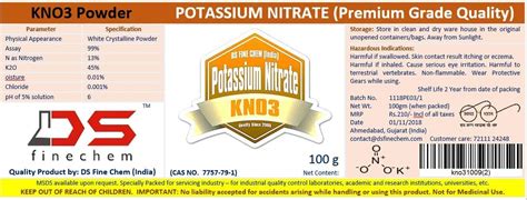 DS Fine Chem POTASSIUM NITRATE 100gm SEAL PACK | TRIAL PACK OF 100gm ...