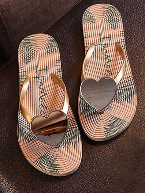 Women's Summer Metallic Heart Flip Flops, Tropical Plant Floral ...