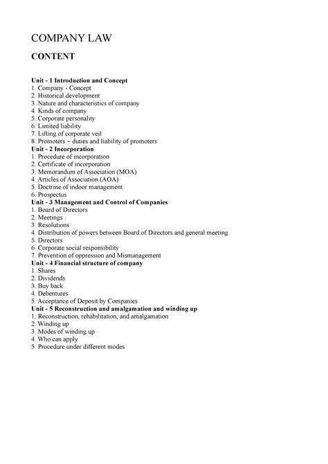 Company law india - COMPANY LAW CONTENT Unit - 1 Introduction and ...
